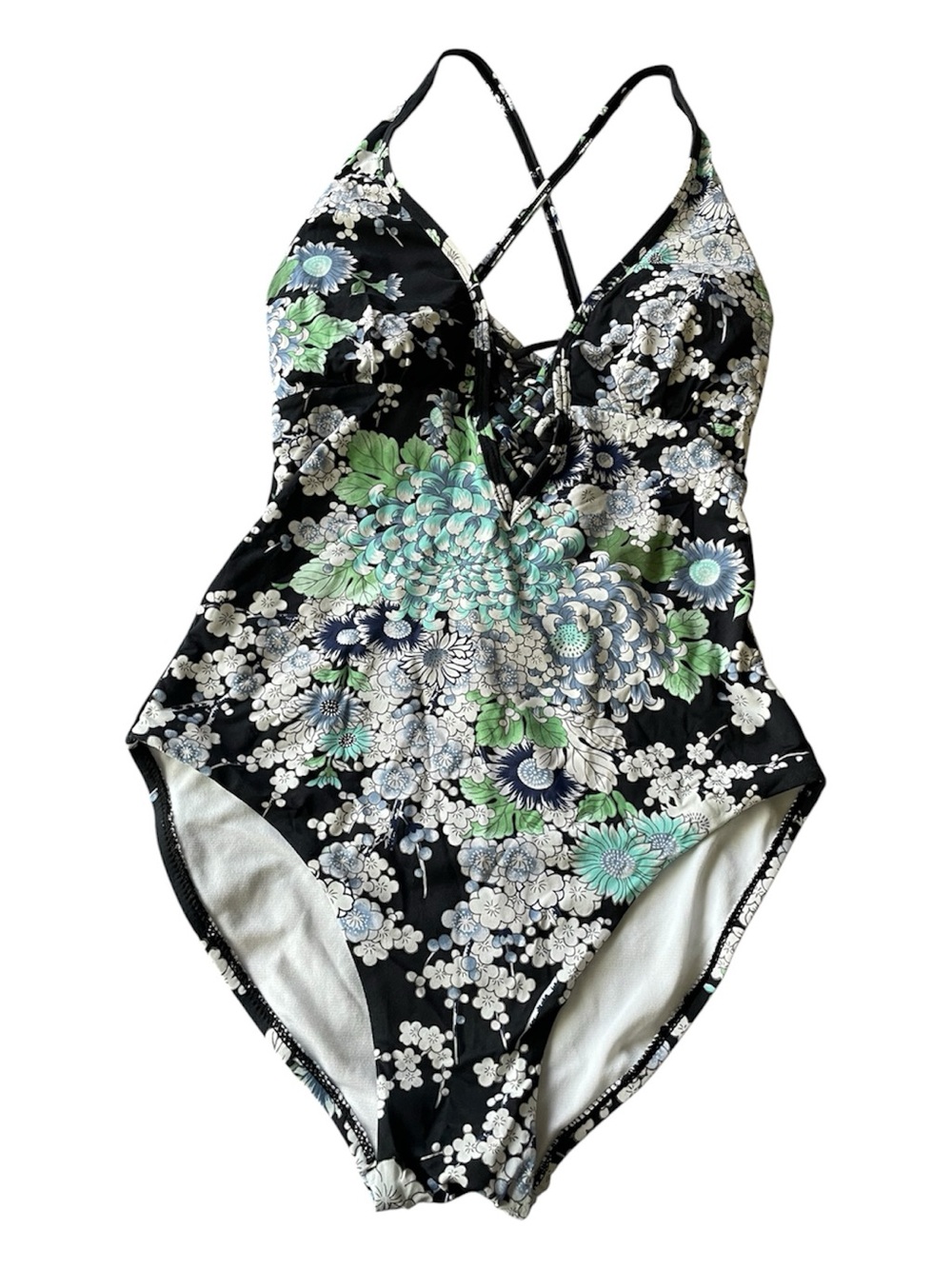 •Floral Crisscross One-Piece Swimsuit - Black with Green & Blue Floral Print